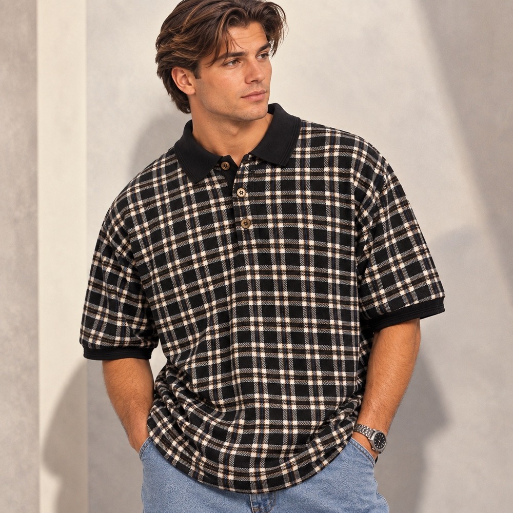 Pierre Cardin Mens Large Black Plaid Cotton Short Sleeve Polo Shirt Knit Top
